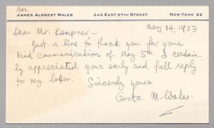 [Postal card from Greta M. Wales to Isaac Herbert Kempner, May 14, 1953]