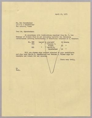 [Letter from A. H. Blackshear Jr. to Dan Oppenheimer, April 15, 1953]