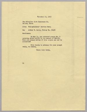 [Letter from A. H. Blackshear Jr. to Gibralter Life Insurance Company of America, November 17, 1953]