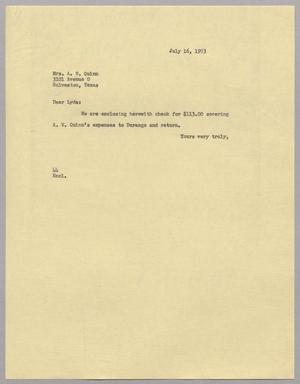 Primary view of object titled '[Letter from A. H. Blackshear Jr. to Lyda Quinn, July 16, 1953]'.