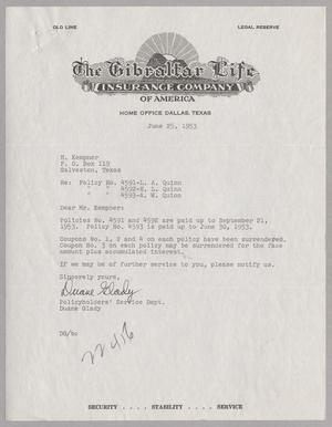 [Letter from Duane Glady to H. Kempner, June 25, 1953]