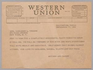 [Telegram from Daniel and Jeane Kempner to Mary Jean Thorne, December 17, 1953]