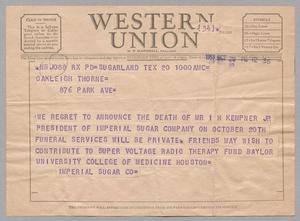 [Telegram from Imperial Sugar Co. to Oakleigh Thorne, October 20, 1953]