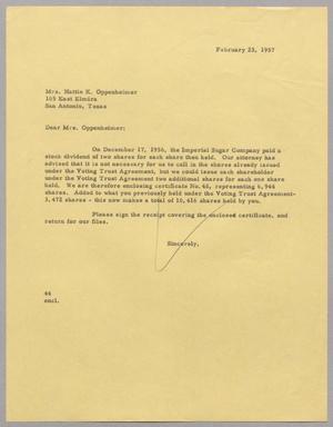 [Letter from A. H. Blackshear, Jr. to Hattie K. Oppenheimer, February 23, 1957]