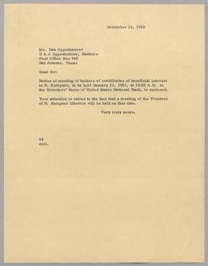 [Letter from R. I. Mehan to Dan Oppenheimer, December 23, 1960]