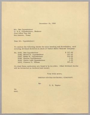[Letter from T. E. Taylor to Dan Oppenheimer, December 12, 1960]