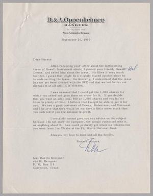 [Letter from Dan Oppenheimer to Harris Leon Kempner, September 26, 1960]