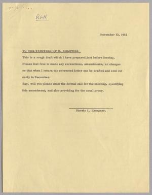 [Letter from Harris L. Kempner to the Trustees of H. Kempner, November 13, 1962]