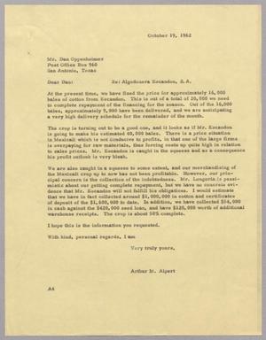[Letter from Arthur M. Alpert to Dan Oppenheimer, October 19, 1962]