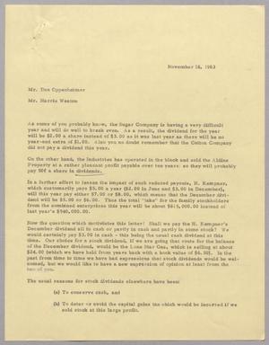 [Letter from Harris Leon Kempner to Dan Oppenheimer and Harris K. Weston, November 18, 1963]