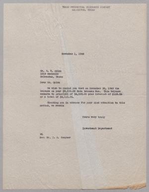[Letter from Investment Department to A. W. Quinn, November 1, 1949]