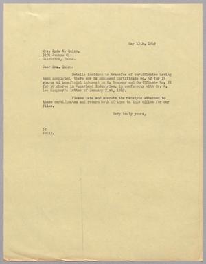 [Letter from R. I. Mehan to Lyda K. Quinn, May 13, 1949]
