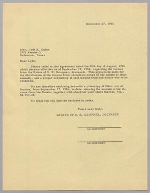 [Letter from Estates of S. E. Kempner to Mrs. Lyda K. Quinn, December 27, 1956]