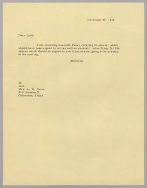 [Letter from A. H. Blackshear, Jr. to Mrs. A. W. Quinn, November 27, 1956]