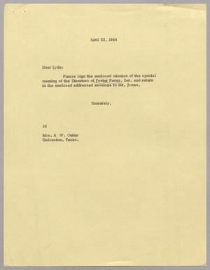 [Letter from Harris Leon Kempner to Mrs. A. W. Quinn, April 22, 1964]