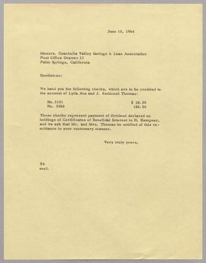 [Letter from T. E. Taylor to Messrs. Coachella Valley Savings & Loan Association, June 15, 1964]
