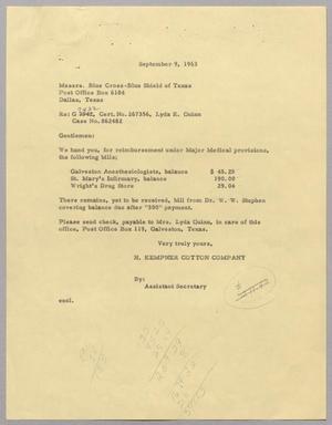 [Letter from H. Kempner Cotton Company to Messrs. Blue Cross-Blue Shield of Texas, September 9, 1963]