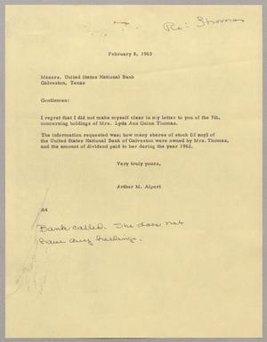 [Letter from Arthur M. Alpert to United States National Bank, February 8, 1963]