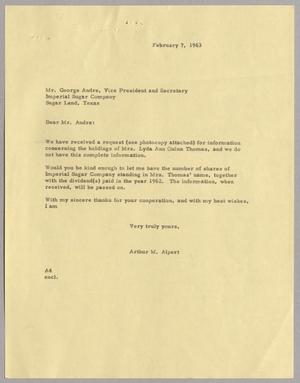 [Letter from Arthur M. Alpert to Mr. George Andre, February 7, 1963]