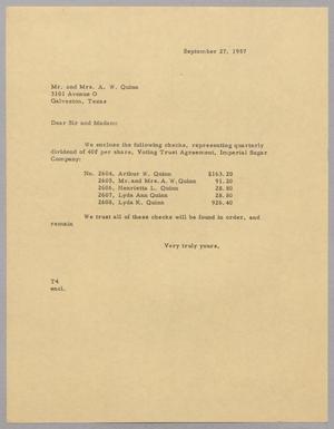 [Letter from T. E. Taylor to Mr. and Mrs. A. W. Quinn, September 27, 1957]