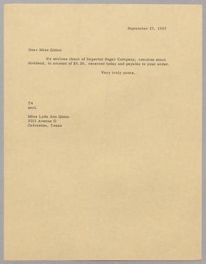 [Letter from T. E. Taylor to Lyda K. Quinn, September 27, 1957]