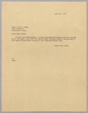 [Letter from T. E. Taylor to Lyda K. Quinn, April 16, 1957]