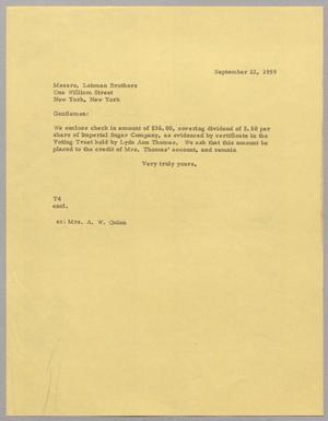 [Letter from T. E. Taylor to Lehman Brothers, September 22, 1959]