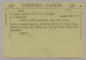 [Telegram from Jerry R. Thomas to I. H. Kempner, April 15, 1959]