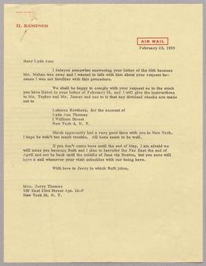 Primary view of object titled '[Letter from Harris Leon Kempner to Lyda Ann Quinn, February 23, 1959]'.