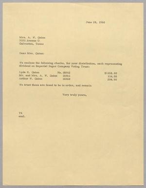 [Letter from T. E. Taylor to Mrs. A. W. Quinn, June 28, 1960]