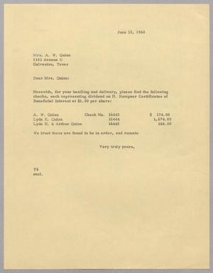 [Letter from T. E. Taylor to Mrs. A. W. Quinn, June 13, 1960]