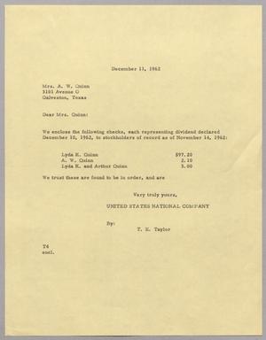 [Letter from T. E. Taylor to Mrs. A. W. Quinn, December 11, 1962]