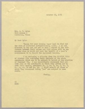 [Letter from I. H. Kempner to Mrs. A. W. Quinn, October 22, 1962]