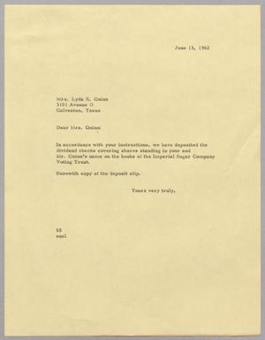 [Letter from R. I. Mehan to Lyda K. Quinn, June 13, 1962]