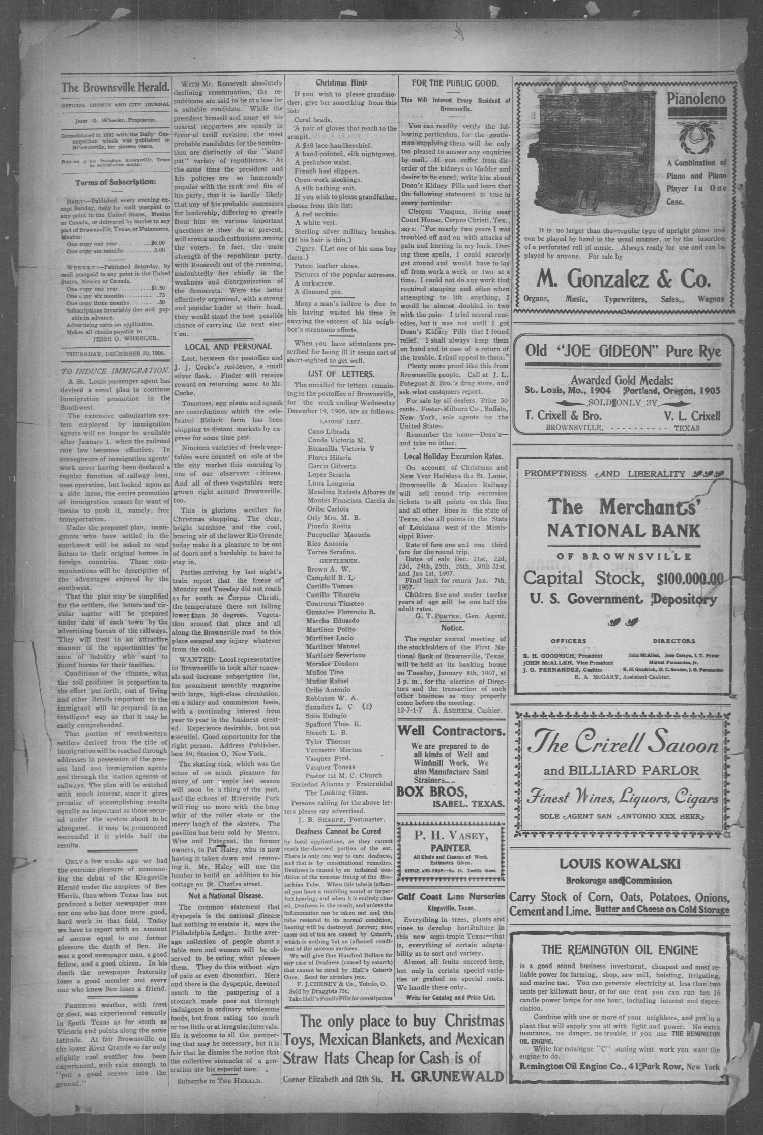 Brownsville Daily Herald (Brownsville, Tex.), Vol. 15, No. 146, Ed. 1, Thursday, December 20, 1906
                                                
                                                    [Sequence #]: 2 of 4
                                                