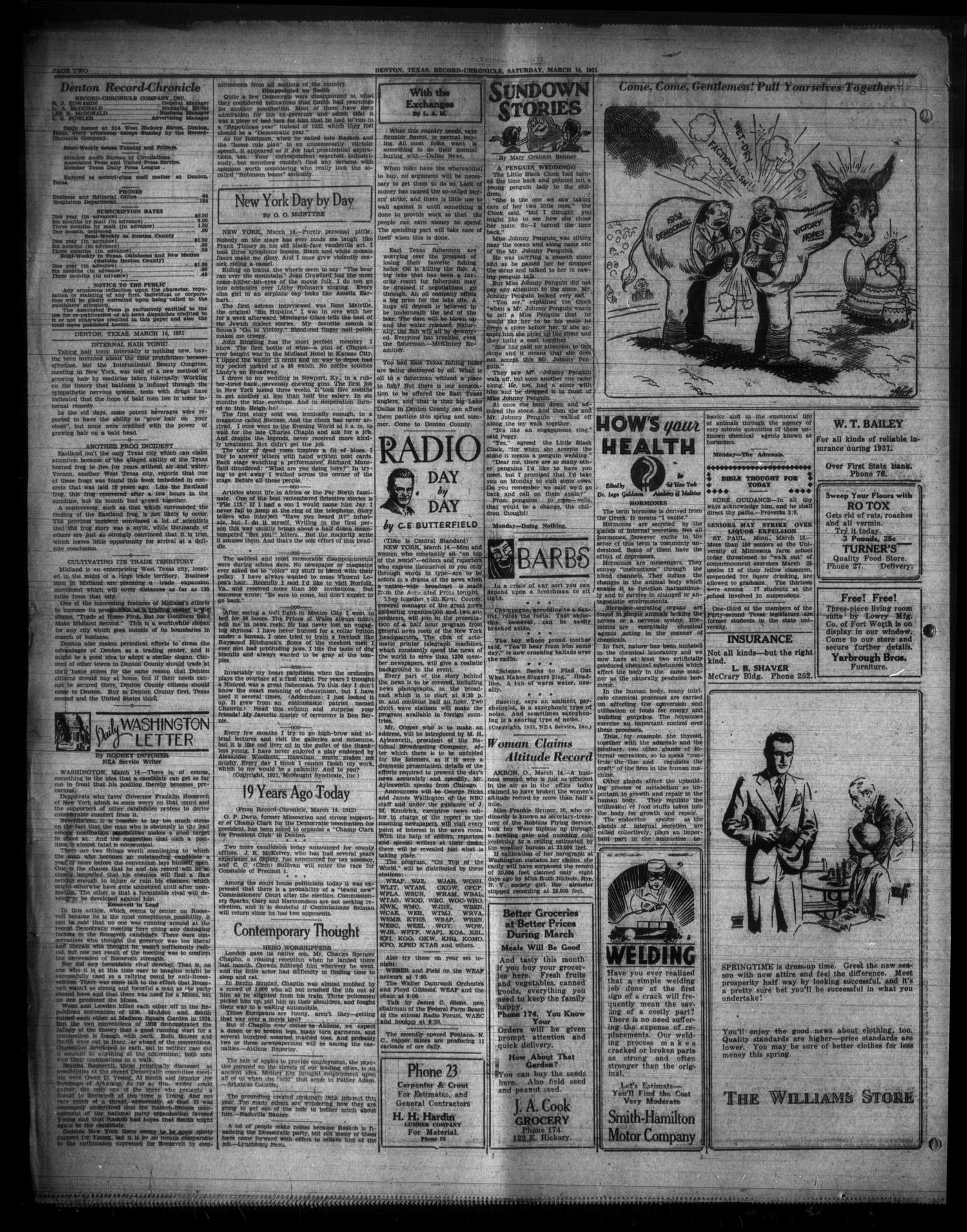 Denton Record-Chronicle (Denton, Tex.), Vol. 30, No. 182, Ed. 1 Saturday, March 14, 1931
                                                
                                                    [Sequence #]: 2 of 8
                                                