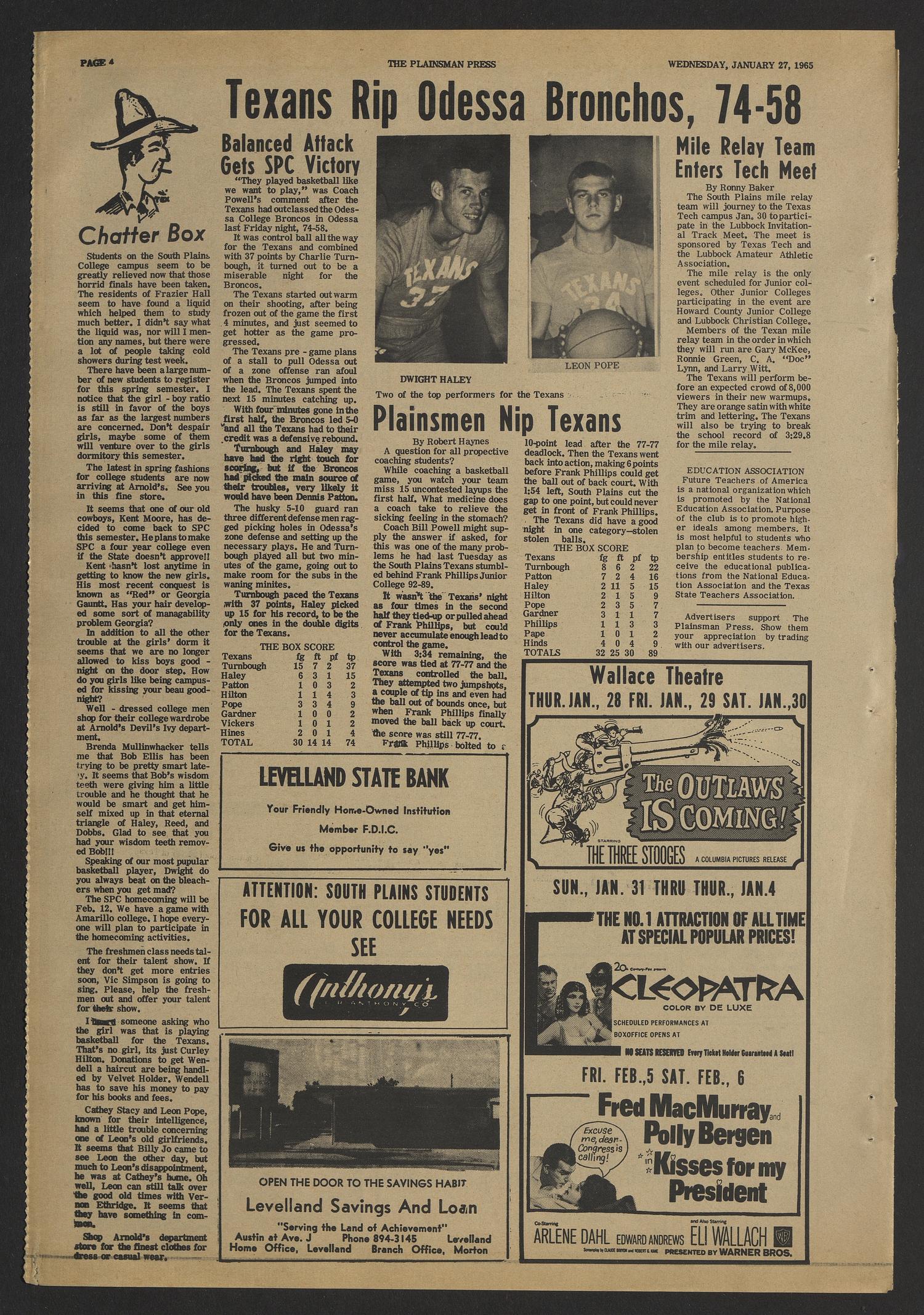 The Plainsman Press (Levelland, Tex.), Vol. 7, No. 10, Ed. 1 Wednesday, January 27, 1965
                                                
                                                    [Sequence #]: 4 of 4
                                                