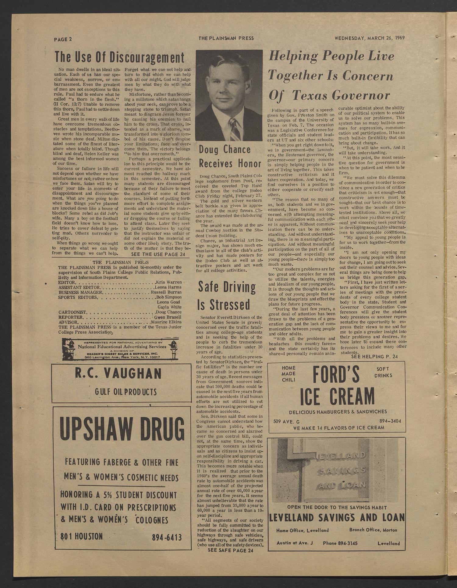 The Plainsman Press (Levelland, Tex.), Vol. 11, No. 12, Ed. 1 Wednesday, March 26, 1969
                                                
                                                    [Sequence #]: 2 of 24
                                                