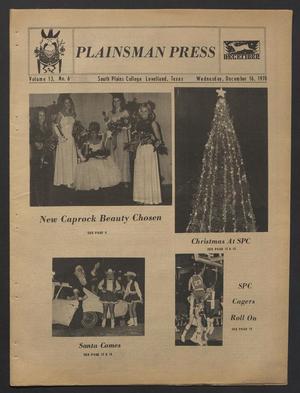 Primary view of object titled 'The Plainsman Press (Levelland, Tex.), Vol. 13, No. 7, Ed. 1 Wednesday, December 16, 1970'.
