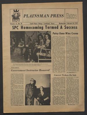 Plainsman Press (Levelland, Tex.), Vol. 13, No. 10, Ed. 1 Wednesday, February 24, 1971