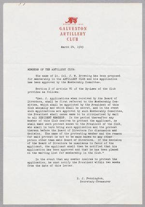 [Letter from Galveston Artillery Club, March 23, 1949]