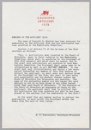 [Letter from Galveston Artillery Club, March 7, 1949]