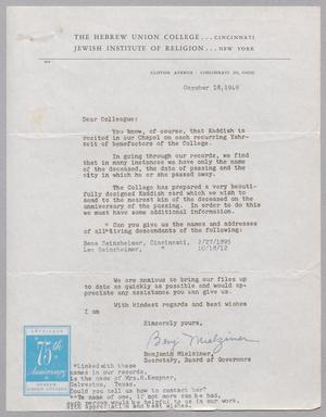 [Letter from Benjamin Mielziner to I. H. Kempner, October 18, 1949]