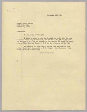 [Letter from I. H. Kempner to the Harvey Travel Bureau, September 16, 1949]