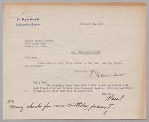 [Letter from I. H. Kempner to the Harvey Travel Bureau, February 18, 1949]