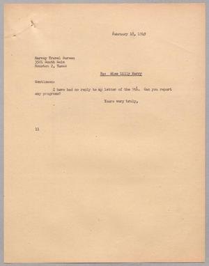 [Letter from I. H. Kempner to Harvey Travel Bureau, February 18, 1949]