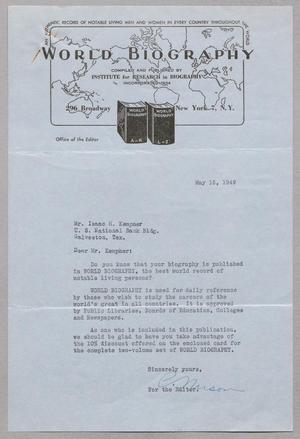 [Letter from the Institute for Research in Biography to I. H. Kempner, May 16, 1949]