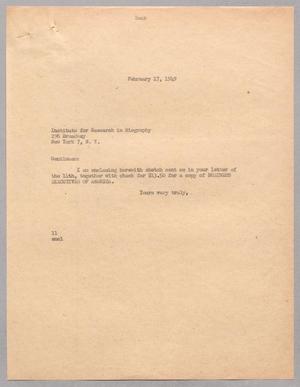 [Letter from I. H. Kempner to Institute for Research in Biography, February 17, 1949]
