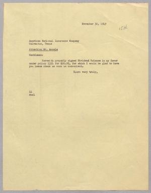 [Letter from Isaac Herbert Kempner to American National Insurance Company, November 30, 1949]