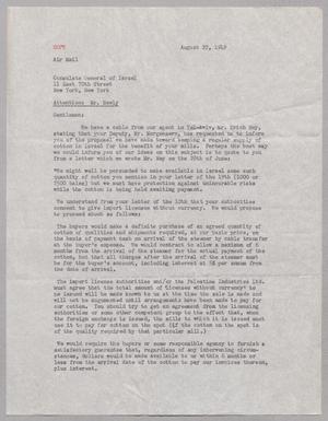 [Letter from Harris Leon Kempner to the Consulate General of Israel, August 22, 1949]
